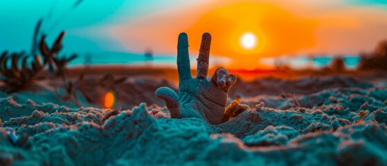 A hand sticking out of the sand with a peace sign. Generative AI. - obrazy, fototapety, plakaty