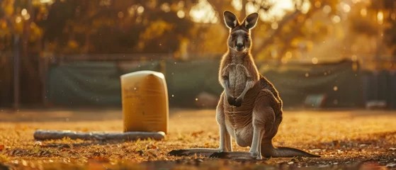 Gordijnen A kangaroo sitting on the ground in a field with trees. Generative AI. © serg3d
