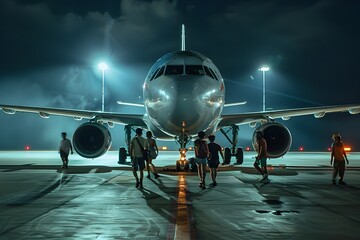 Dramatic Night Runway Scene with Passengers Boarding Commercial Airliner for Adventurous Journey