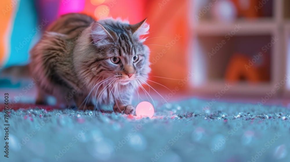 Poster a cat playing with a ball on the floor of an apartment. generative ai.