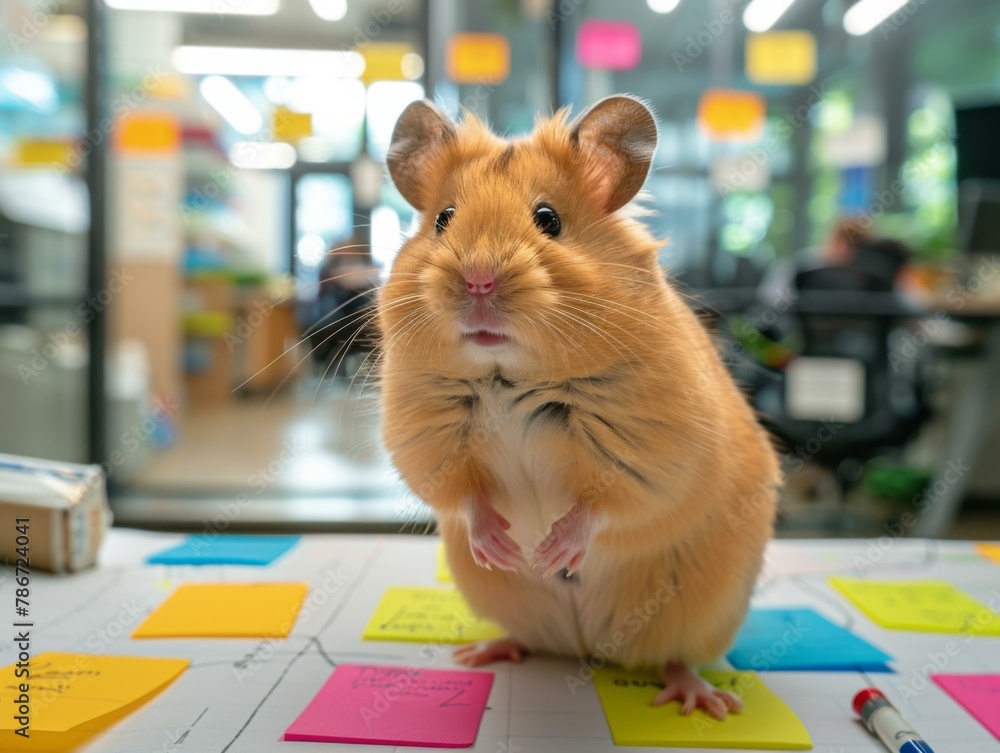 Aufkleber a hamster sitting on a table with sticky notes all around it. generative ai.