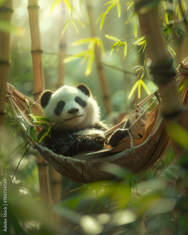 Poster a panda bear is relaxing in a hammock with bamboo trees. generative ai.