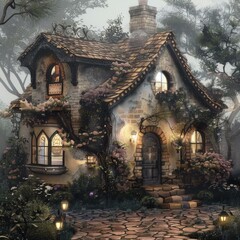 Fototapeta premium A fairy tale cottage with a stone path leading to the front door. Generative AI.