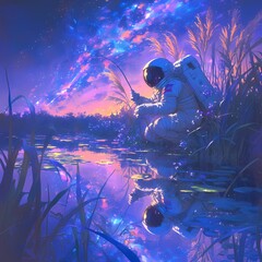 An astronaut in a spacesuit enjoys a serene moment of fishing on an extraterrestrial body, surrounded by a mesmerizing reflection of the universe. - obrazy, fototapety, plakaty