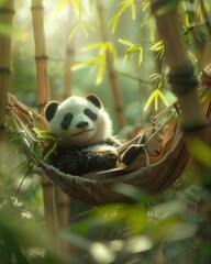 Naklejka premium A panda bear is relaxing in a hammock with bamboo trees. Generative AI.