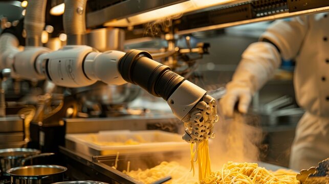 A robot is preparing food in a kitchen with other people. Generative AI.