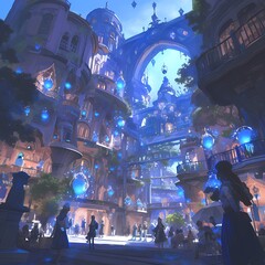 A Futuristic Celebration Unfolds in a Magical Urban Oasis - The Ultimate Stock Image for Fantasy & Technology Campaigns - obrazy, fototapety, plakaty