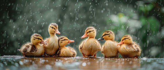 A group of ducks sitting on a wet ground in the rain. Generative AI.