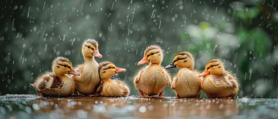 A group of ducks sitting on a wet ground in the rain. Generative AI. - Powered by Adobe