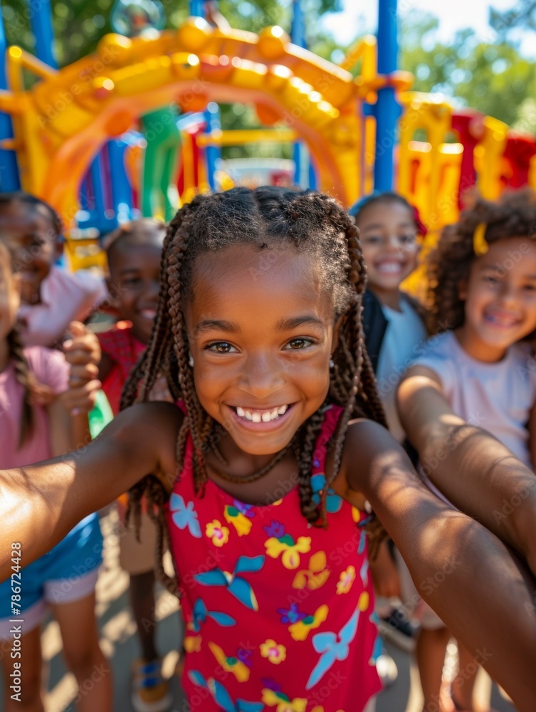 Poster a group of children are smiling at the camera in a playground. generative ai.