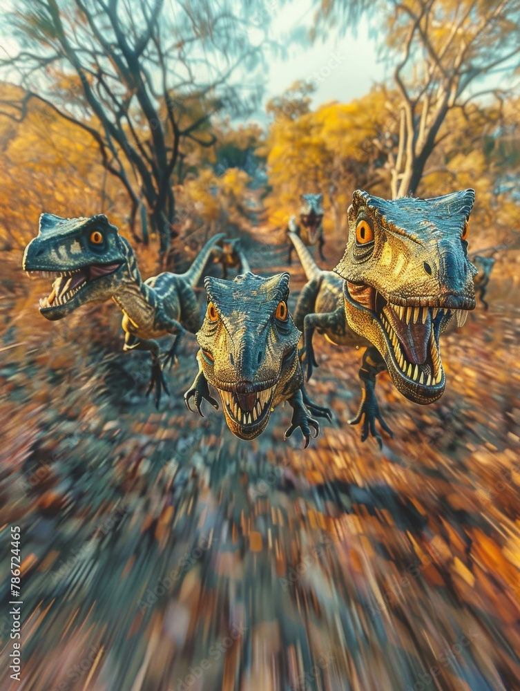 Poster a group of three dinosaurs are running through a forest. generative ai.