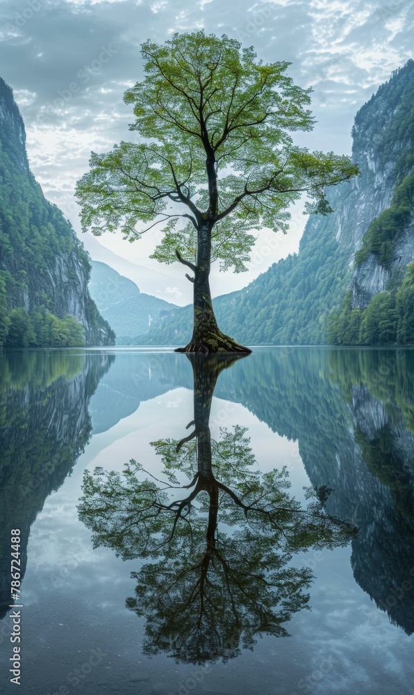 Poster a tree is reflected in a lake with mountains behind it. generative ai.