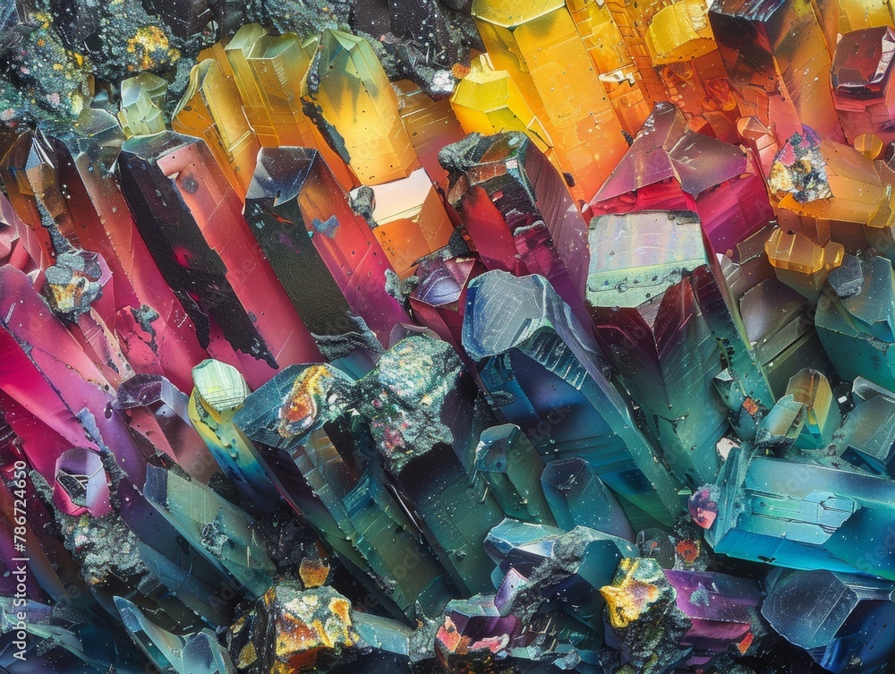 Poster a close up of a colorful crystal structure with many colors. generative ai.