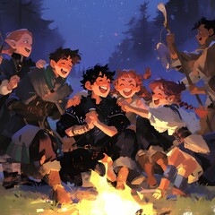 A group of Fae folk celebrating around a warm bonfire, immersed in joyous song and dance. - obrazy, fototapety, plakaty