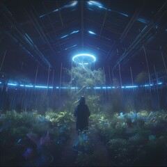 A serene botanical haven awaits exploration as a lone researcher meanders down the path amidst an enchanting collection of flora. Discover the tranquility and beauty in this otherworldly greenhouse. - obrazy, fototapety, plakaty
