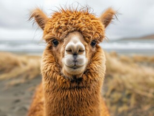 A close up of a llama with long hair standing on the beach. Generative AI.