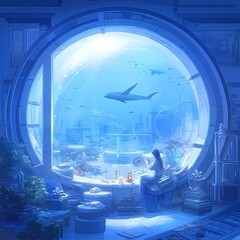 Experience the Ultimate Relaxation in a Futuristic Underwater City. Admire Dolphins and Marvel at City Lights Through Your Private Ocean Window. - obrazy, fototapety, plakaty