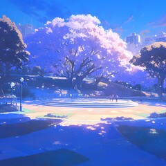 Captivating City Park Scene at Twilight: Children's Playground Under Soft Lighting and Canopy of Pink-Tinged Leaves - obrazy, fototapety, plakaty