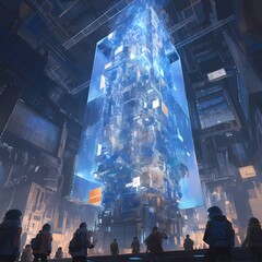 Experience the Future of Data Processing in this Futuristic Rendition of the Tower of Babel - A Symbol of Human Progress and Connectivity. - obrazy, fototapety, plakaty