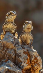Two lizards sitting on top of a rock in the sun. Generative AI.