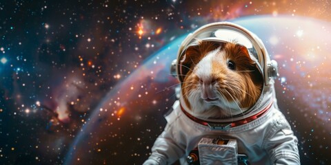 A guinea pig dressed in a space suit is looking at the camera. Generative AI. - obrazy, fototapety, plakaty
