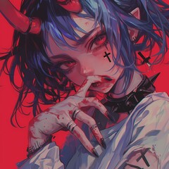 Dark and Stylish Anime-Inspired Character Illustration for Fashion, Gothic, or Horror Themes - obrazy, fototapety, plakaty