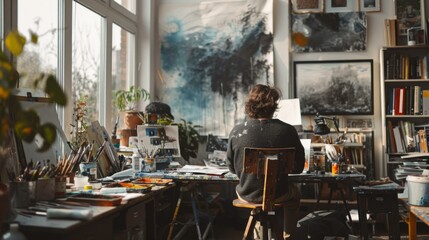 A man sitting at a desk in an art studio with many paintings. Generative AI.