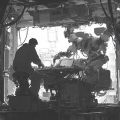 A person immersed in the creation of advanced robotics within a workshop filled with futuristic machinery. A vision of future technology and human ingenuity. - obrazy, fototapety, plakaty