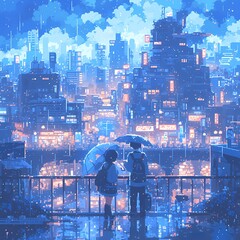Vibrant Digital Art of Two People Sharing an Emotional Moment Amidst the Splashing Rains of Tomorrow's Urban Serenade