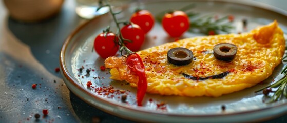 A plate with an omelet on it and some tomatoes. Generative AI.