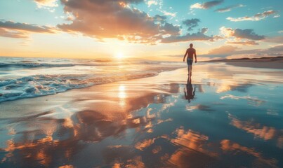 A man walking on the beach at sunset. Generative AI.