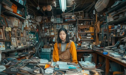 Fototapeta premium A woman in an office with a lot of books and papers. Generative AI.