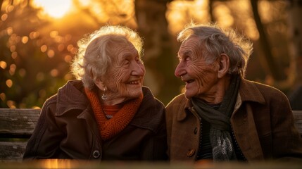 Two elderly people are sitting on a bench and smiling. Generative AI.