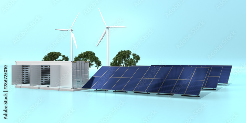Poster containerized battery energy storage system and solar panel, wind turbine. generic design. 3d render
