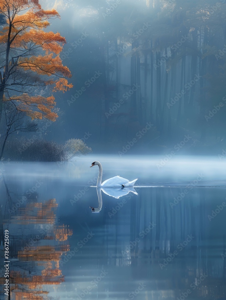 Poster a swan swimming in a lake surrounded by trees and fog. generative ai.