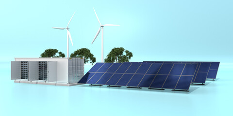 Containerized Battery Energy Storage System and solar panel, wind turbine. Generic design. 3D rendering image.
