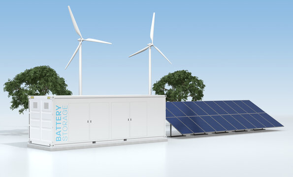 Containerized Battery Energy Storage System and solar panel, wind turbine. Generic design. 3D rendering image.