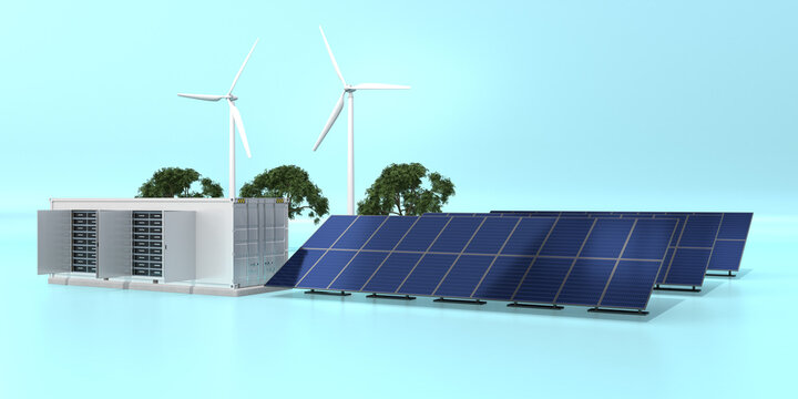 Containerized Battery Energy Storage System and solar panel, wind turbine. Generic design. 3D rendering image.