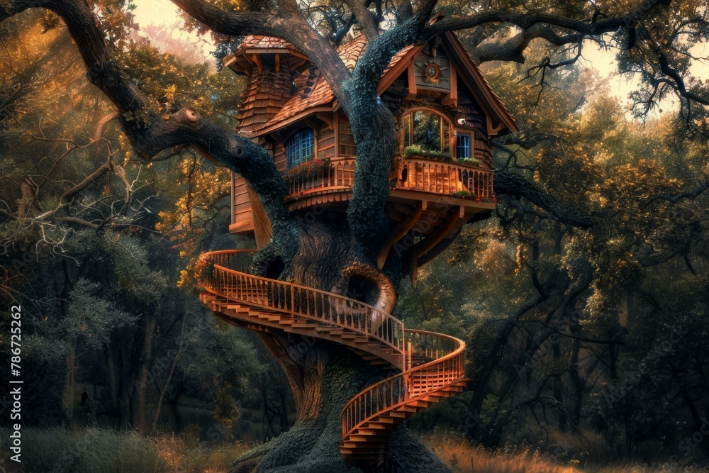 Poster a tree house with a spiral staircase in the middle of it. generative ai.