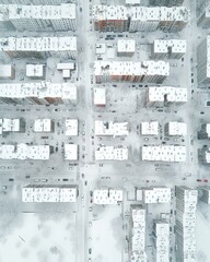 An aerial view of a city covered in snow and buildings. Generative AI.