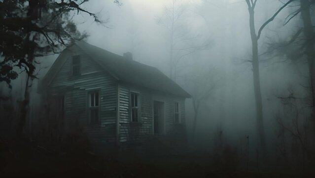 An eerie abandoned house stands alone, shrouded in the dense fog of a hauntingly silent forest, evoking a sense of mystery and desolation.
