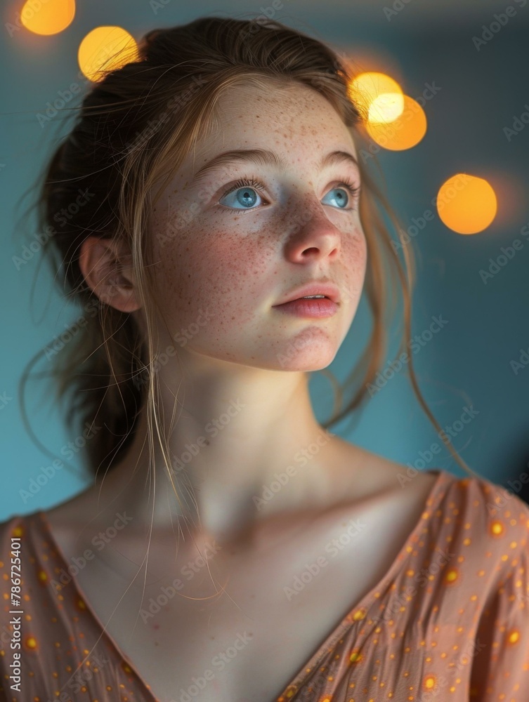 Wall mural A woman with freckles looking up at the lights. Generative AI.