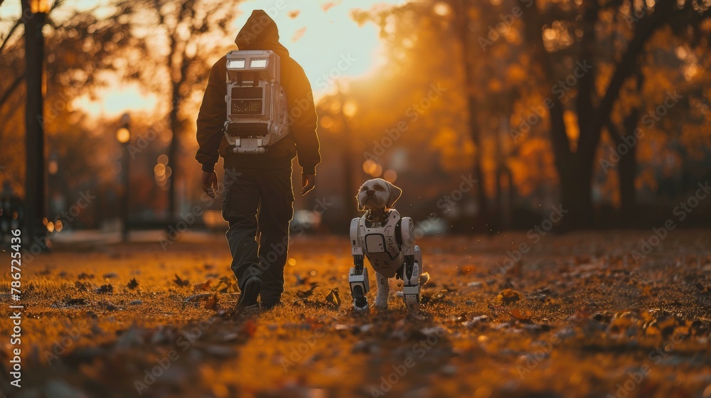 Poster a man walking a robot dog in the fall. generative ai.