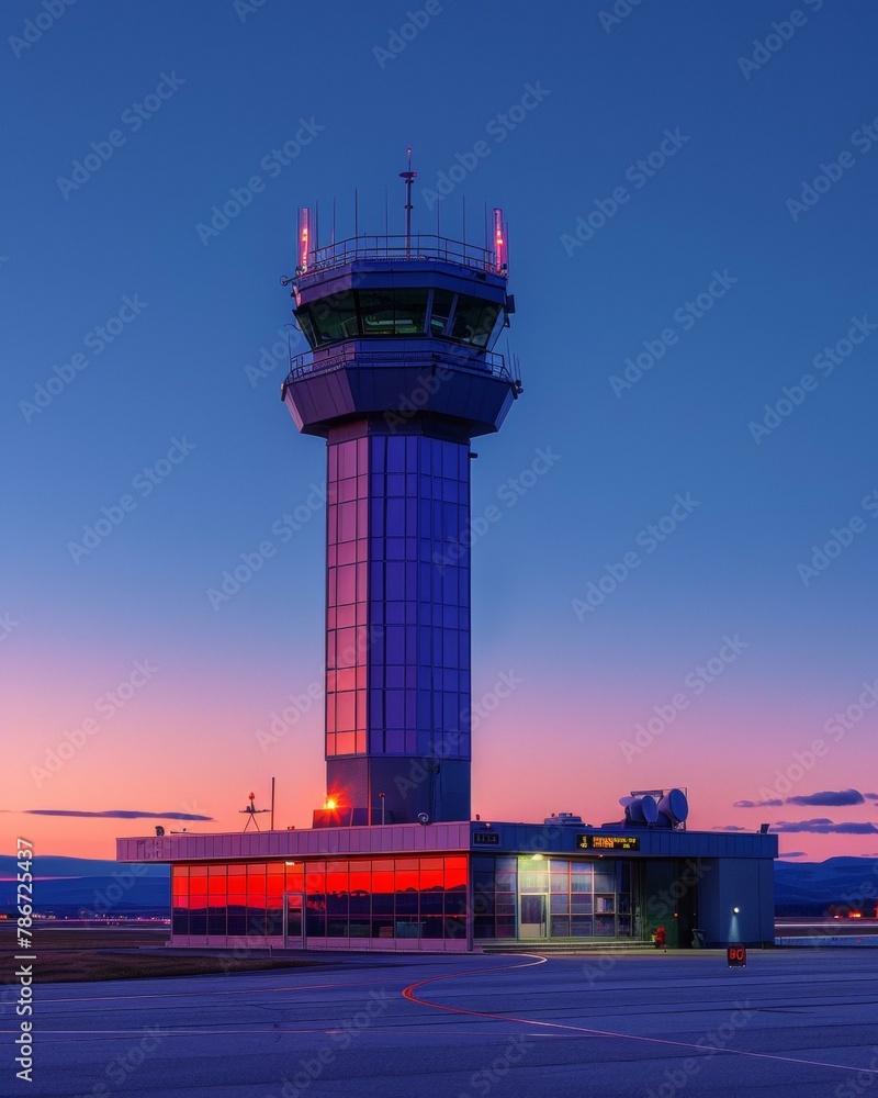 Poster a tower with a red light on top of it at dusk. generative ai.
