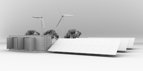 Clay rendering of Containerized Battery Energy Storage System and solar panel, wind turbine. 3D rendering image.