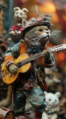 A cat dressed in a costume playing the guitar with stuffed animals. Generative AI.