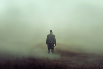 Soldier in military gear walking into fog - obrazy, fototapety, plakaty