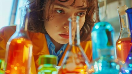 A woman looking at a bunch of colorful bottles in a lab. Generative AI.