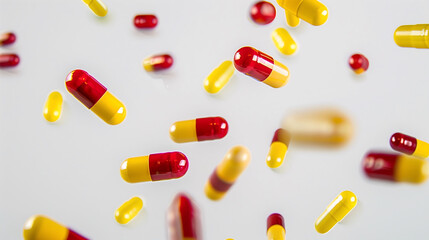 Red and Yellow Capsules Scattered on White