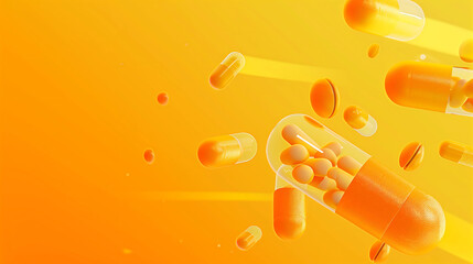 Effervescent Creativity: Capsules in Bubbling Orange Liquid - obrazy, fototapety, plakaty